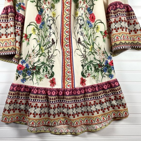 Umgee Border Bell Sleeve Dress -Natural Size Small Off Shoulder Shift Mini Dress - Picture 10 of 11